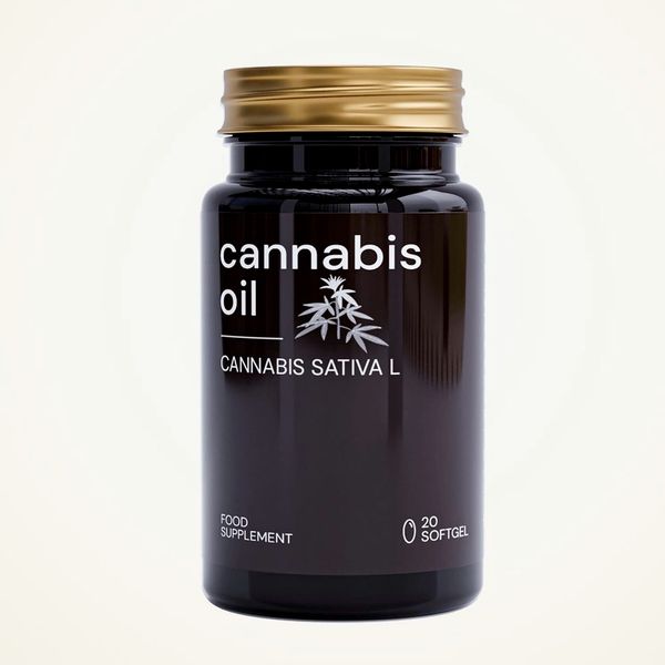 Barattolo ambrato di Cannabis Oil con tappo dorato, 20 perle