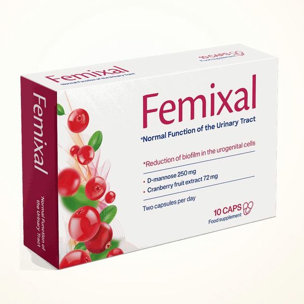 Scatola bianca e rossa di Femixal da 10 capsule con i mirtilli rossi