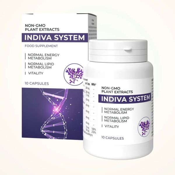 Flacone bianco e scatola viola di Indiva System da 10 capsule