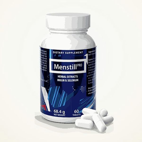 Flacone blu di Menstill Pro da 60 compresse con alcune compresse accanto