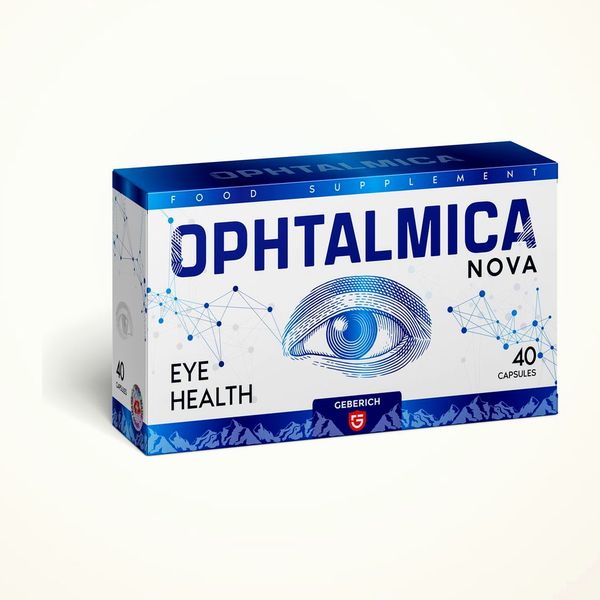 Scatola blu di Ophtalmica Nova da 40 capsule con l'occhio in etichetta