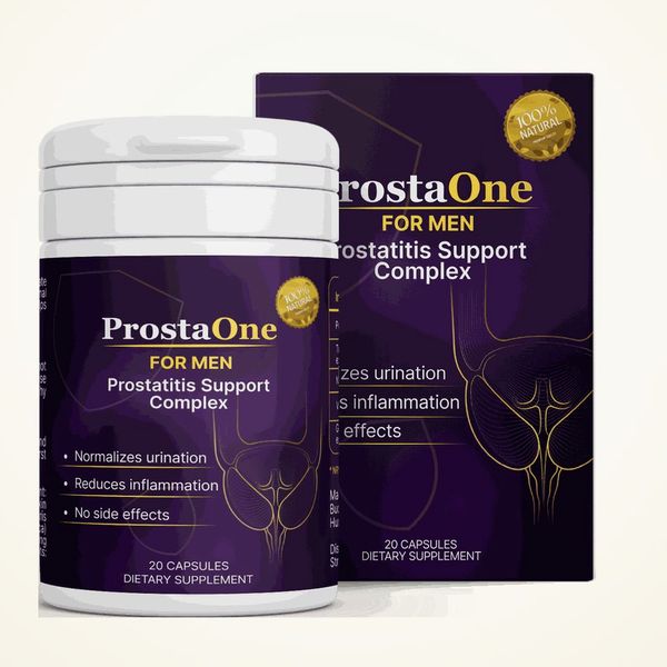 Barattolo e scatola viola scuro di ProstaOne da 20 capsule
