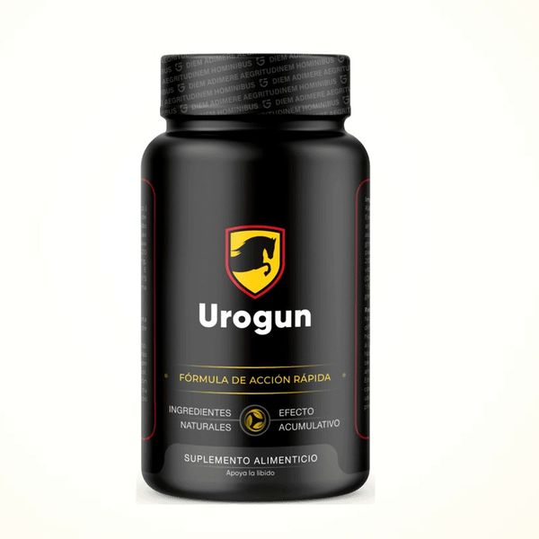 Flacone nero di Urogun con lo scudo dorato in etichetta
